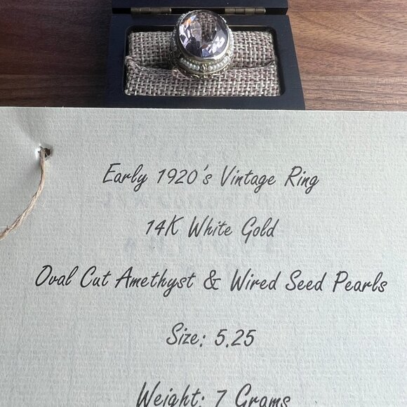 Antique 1920's Amethyst & Wired Seed Pearl Filigree Ring Set In 14k White Gold - Picture 6 of 8